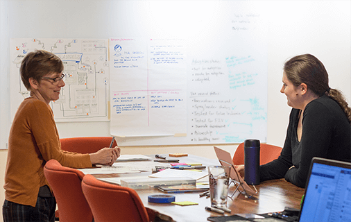 Team members consult on the results of a discovery workshop, which is outlined on the board behind them.