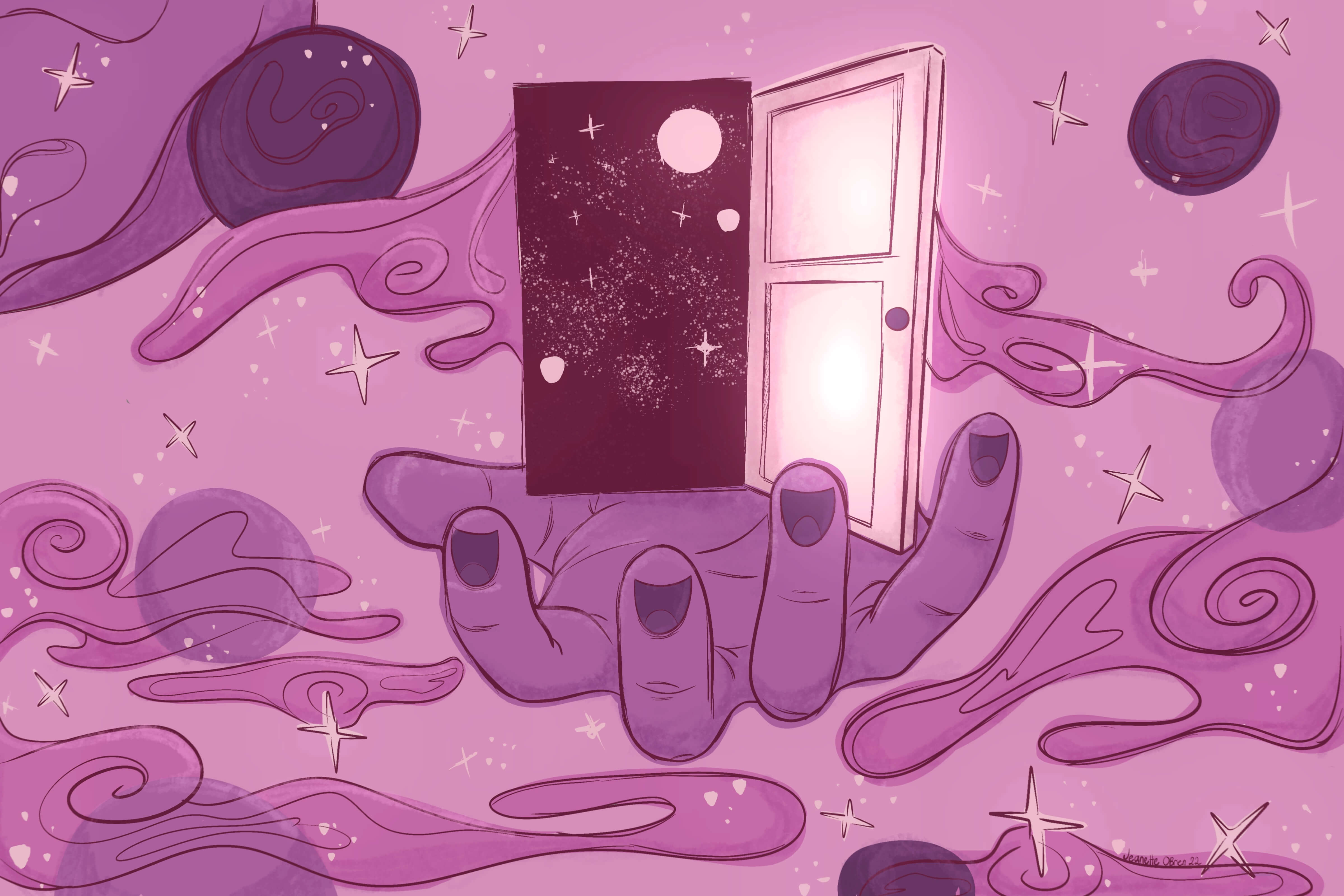 surrealist image mostly monochromatic cool lavender and pink, image depicts outstretched hand with an open door way set in the backdrop of a swirling stylized universe