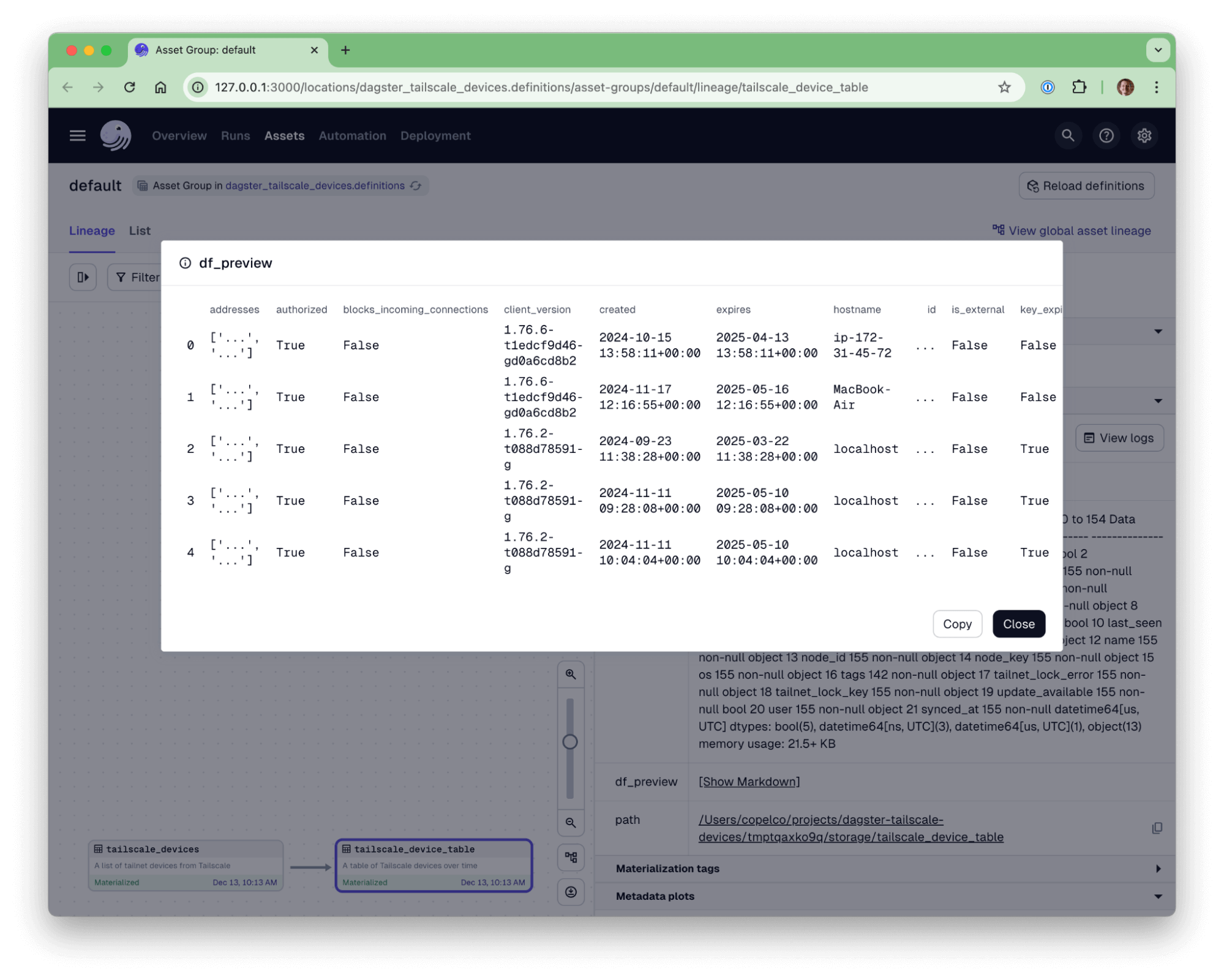 Asset preview in Dagster UI