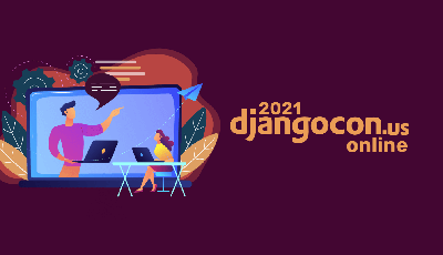 DjangoCon logo with illustration of two people talking