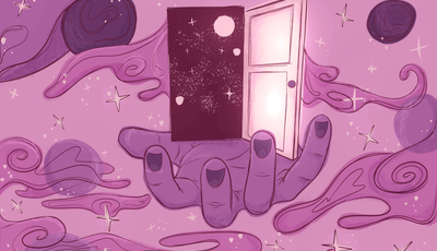 surrealist image mostly monochromatic cool lavender and pink, image depicts outstretched hand with an open door way set in the backdrop of a swirling stylized universe